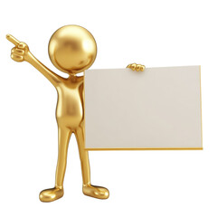 Aufkleber - A gold 3D figure points towards a blank sign it is holding, ideal for advertisement.