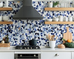 Tiled backsplash with a mosaic pattern, combining deep blues and soft whites in a kitchen setting for a timeless look.