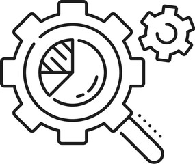 Poster - Data analytics and analysis icon of magnifier and cogwheel for IT web statistics, line vector. Website data analysis icon for SEO optimization and search engine or webpage performance in programming