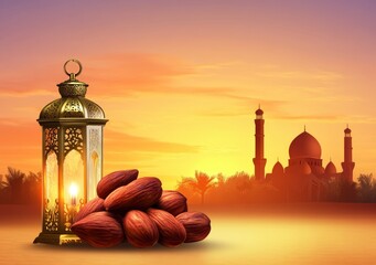 Wall Mural - Eid Mubarak and Ramadan Kareem greetings with an Islamic lantern and mosque. Eid al-Fitr background for wallpaper or banner design at sunset time. 