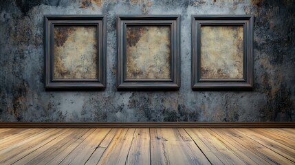 Wall Mural - Empty frame on a textured concrete wall with a wooden floor