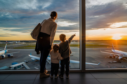 family airport sunset view airplane travel mother children watching departure golden hour plane jour