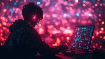 Young Coder Working Late on Computer Code