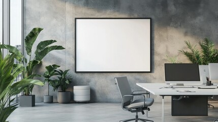 Wall Mural - Large blank frame in a minimalist office with sleek furniture