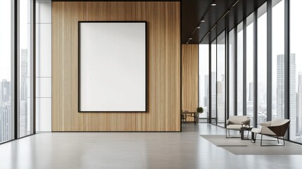 Wall Mural - Large blank frame in a minimalist office with sleek furniture