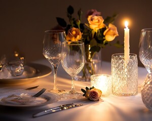 A table set for a romantic dinner, with elegant glassware, candles, and a small bouquet of roses, illuminated by soft light.