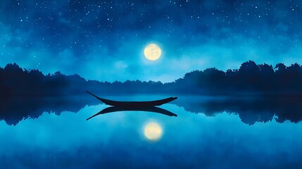 Poster - A calm river with a boat gently floating under the full moon symbolizing peace and serenity