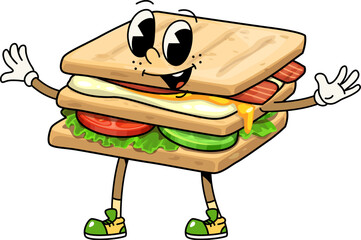 Poster - Groovy fast food sandwich character waving hands and smiling. Isolated cartoon vector delicious breakfast, sandwich retro personage, bread toasts with vegetable fillings, cheerful and friendly face