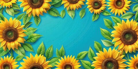 Wall Mural - Vibrant sunflower floral pattern with blue leaves, sunflower, floral, pattern, vibrant, blue, leaves, summer, garden, nature