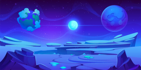 Wall Mural - frozen ice blue space planet landscape cartoon background, vector game ui. fantasy blue planet and c