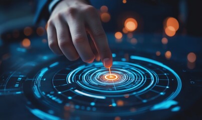 digital marketing. businessman touching darts aiming at the target center with icon network connecti