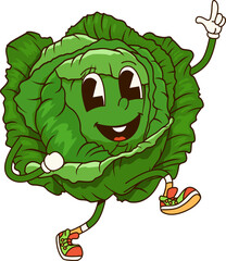 Poster - Groovy cabbage vegetable character with a big, friendly smile and wide eyes, wearing sneakers, and waving happily. Isolated cartoon vector ripe farm veggie personage exudes a cheerful, energetic vibe