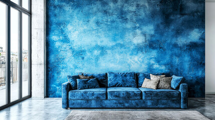 Sticker - Modern Blue Velvet Sofa in a Chic Apartment Interior with City View