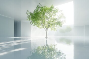 Fototapete - Bright room with a single green tree reflecting in water under natural light