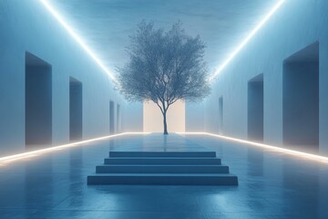 Fototapete - Artistic representation of a solitary tree in a modern, illuminated hallway setting at dusk