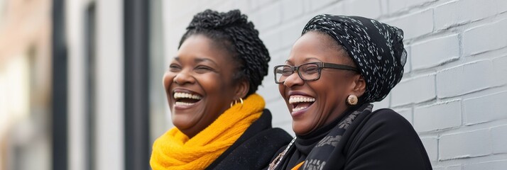 Sticker - Two women are smiling and laughing together. One of them is wearing a yellow scarf. They are sitting on a brick wall