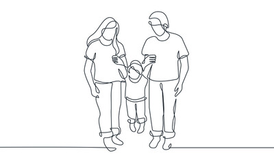 Wall Mural - Happy Family Walking Together One Line Vector Illustration. Continuous Single Line Drawing of Parents Holds Child. Happy Family Hand Drawn Contour Silhouette Outline Style.