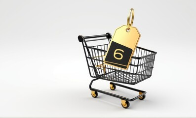  Black shopping cart with golden accents, with a price tag with 