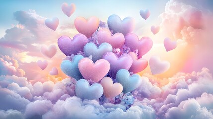 Aufkleber - Festive and romantic glowing LED hearts floating against a vibrant high contrast dreamy sky background with soft pastel clouds and hues for a Valentine s Day or romantic concept