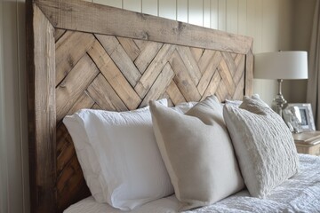 Poster - Cozy bedroom with herringbone wooden headboard and plush pillows inviting relaxation and comfort