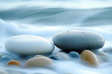 Aufkleber - Smooth stones resting on a tranquil beach with gentle ocean waves during a sunny day