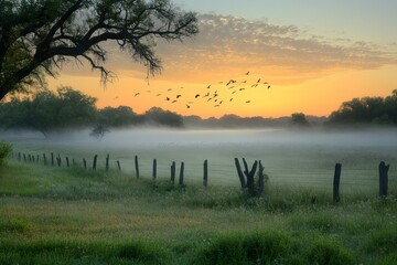 Aufkleber - Morning mist over a tranquil field with birds flying at dawn light