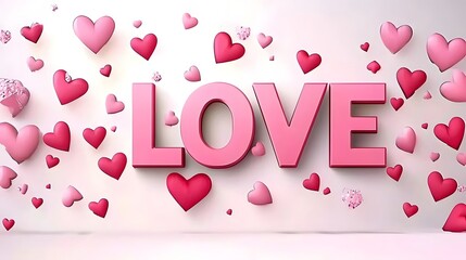 Poster - Striking 3D  LOVE  text in bold pink hue surrounded by floating glossy heart shapes in a pastel pink gradient backdrop creating a modern and elegant Valentine s Day design