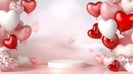 Poster - Romantic Valentine s Day Sale Template Background with Floating Red and White Heart Shaped Balloons Framing an Empty Pedestal Ideal for Advertising or Elegant Product Presentation