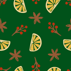 Wall Mural - Cozy hand drawn pattern lemon slices and red berries on a leafy green backdrop. vector illustration