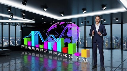 Aufkleber - Professional presenter analyzes global market trends in a modern office setting with digital graphics
