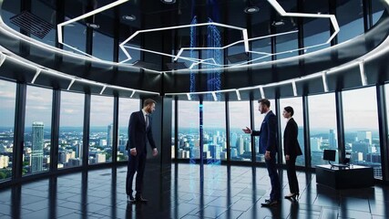Poster - Business professionals discuss digital strategy in modern office with city views