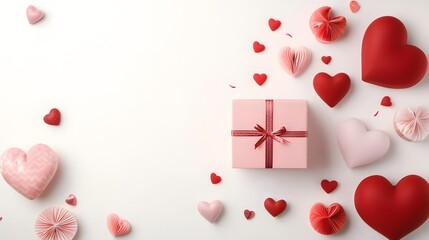 Poster - Romantic pink gift box in the center with love symbols and hearts surrounding it ideal for Valentine s Day or special occasion designs  The arrangement features a soft delicate