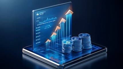 Aufkleber - Futuristic 3D Finance Growth Chart with Upward Arrows and Digital Display Representing Investment Money Profit and Business Success Designed for Financial Analysis or Presentations