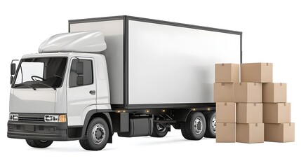 Poster - Delivery Truck with Stacked Cardboard Boxes on White Background   Ideal for Logistics Transportation and E commerce Themed Imagery and Designs