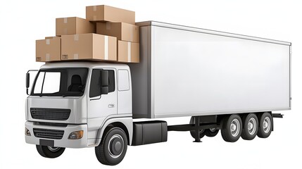 Aufkleber - 3D rendering of a delivery truck transporting a stack of cardboard boxes against a clean white background  Ideal for presentations and visuals related to logistics shipping delivery services