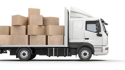 Poster - High Definition 3D Representation of a Delivery Truck Loaded with Stacked Cardboard Boxes Set Against a Simple White Background Suitable for Business or Shipping Industry Content