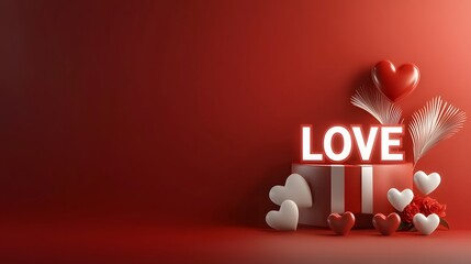 Poster - Romantic Valentine s Day Design with Glossy 3D  LOVE  Letters Floating Hearts and Soft Pink Gradient Lighting Creating a Dreamy Atmosphere