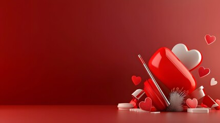 Poster - Vibrant red and pink 3D hearts scattered on a pastel pink background with smooth reflective surfaces creating a dreamy and romantic Valentine s Day theme