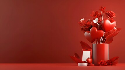 Poster - Beautiful 3D heart shaped floral arrangement with red roses and soft shadows on a warm pastel pink background  Elegant and romantic Valentine s Day themed design template