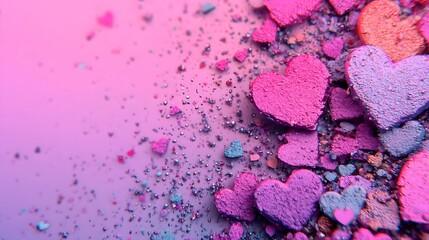 Poster - Energetic and eye catching background featuring shiny multicolored hearts scattered across a vibrant neon pink and purple gradient  Ideal for romantic festive and modern design projects