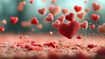 Poster - Bright and Cheerful 3D Hearts Explosion in Warm Tones of Red Pink and Gold on a Radiant Light Backdrop for Valentine s Day