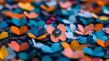 Poster - Vibrant floral patterned paper hearts scattered on a colorful background creating a charming cheerful and lovely Valentine s Day setting for home greeting card design