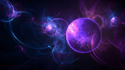 Cosmic energy spheres swirl, nebula background, abstract art, ideal for science fiction design
