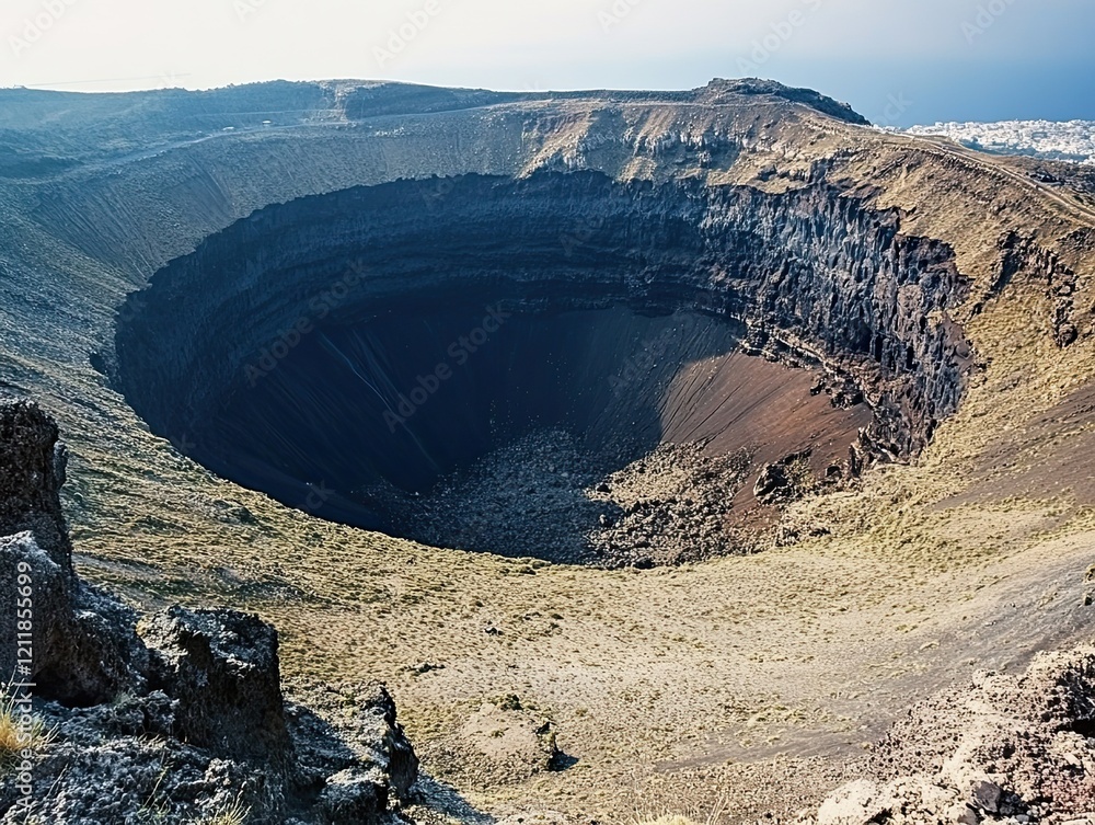 Volcanic crater, island landscape, sunny day, geological formation ...