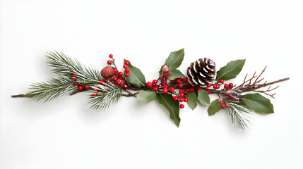 Canvas Print - Festive winter garland with pine, berries, and holly on white background; ideal for holiday cards