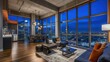 Modern loft apartment with city view at night.