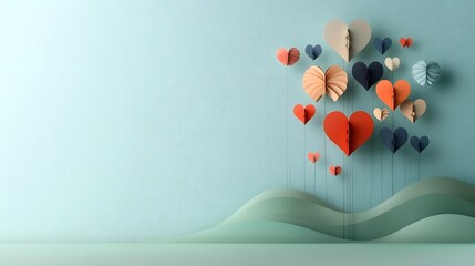 Leinwandbilder - Elegant paper hearts in enchanting floral patterns elegantly floating on a soothing pastel colored background designed to evoke a romantic and aesthetic for Valentine s Day visuals and decor