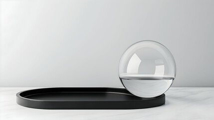 Glass sphere on black tray, minimalist studio setting, white background, product display