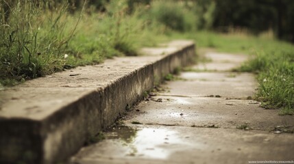 Wall Mural - Low angle view of wet concrete steps and grass.