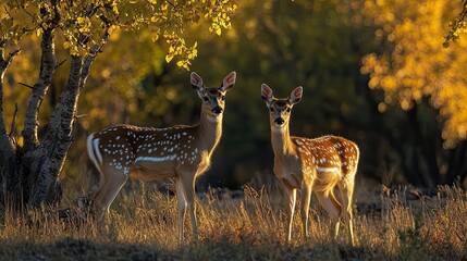 Wall Mural - two deer in autumn forest at sunset, nature wildlife photography for calendars